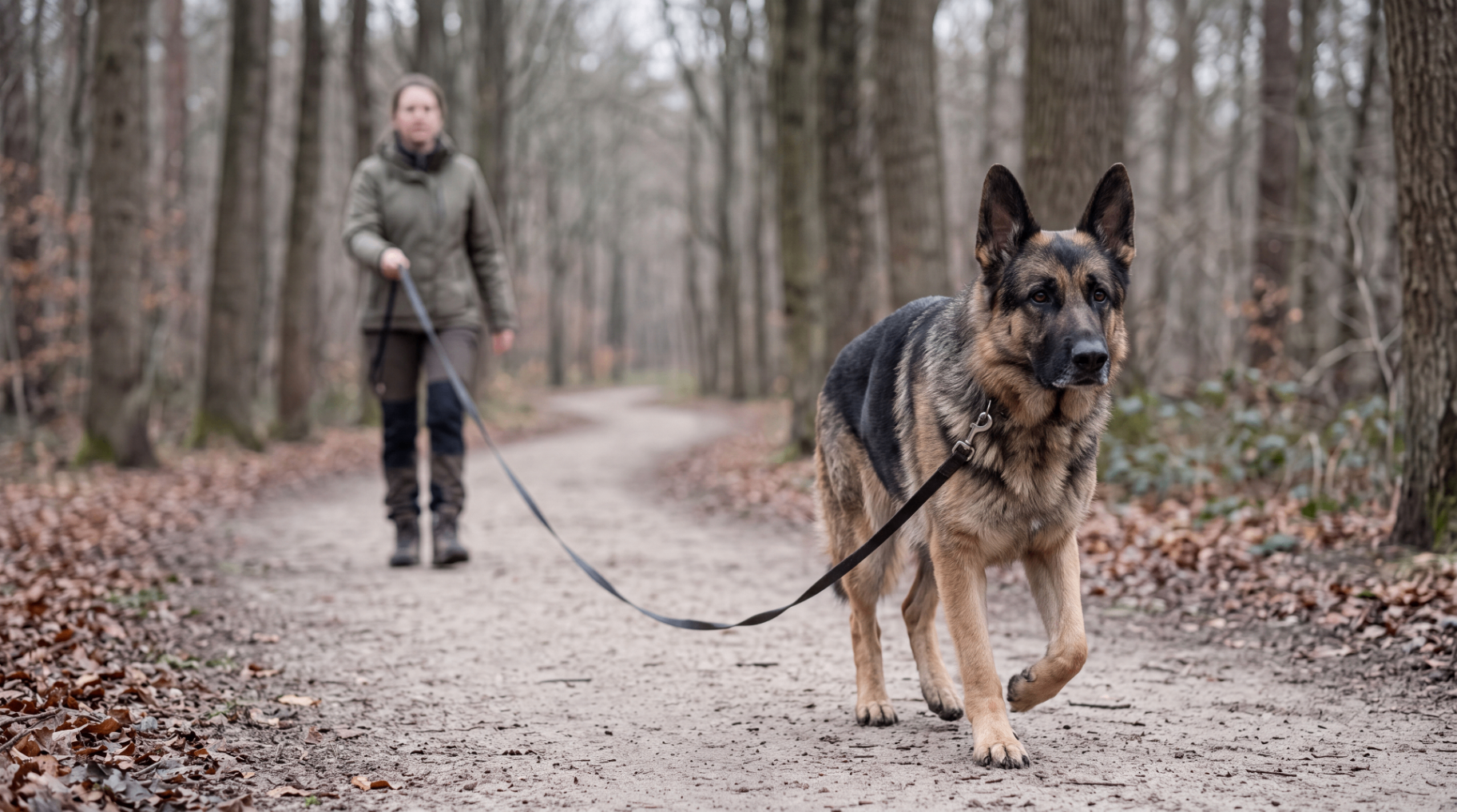 Hond loopt ontspannen naast baasje in het bos